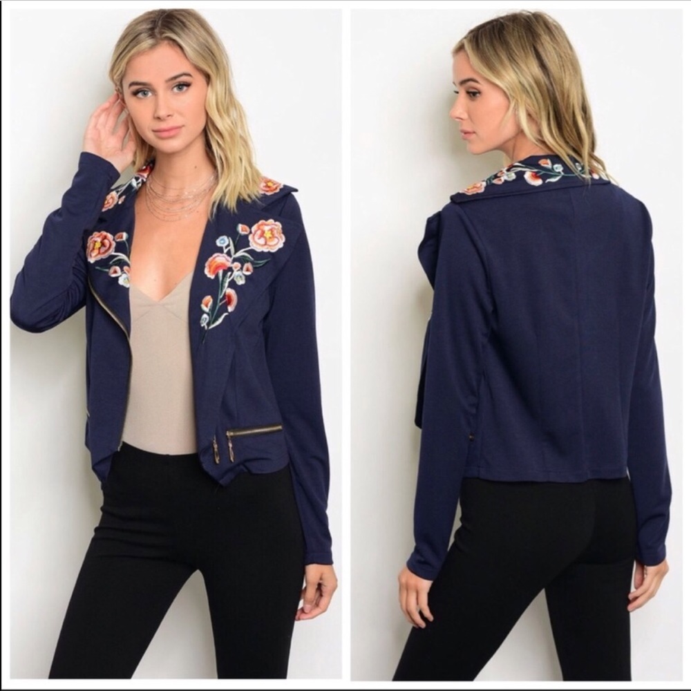 Embroidered Rose Navy Zippered Jacket NEW - Picture 3 of 3